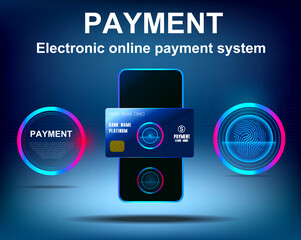 Obraz premium Mobile banking. Payment by credit card via smartphone. Electronic online payment system. Smartphone with bank card. Digital online business purchases. Electronic payment business concept