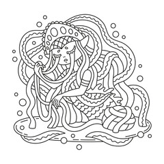 Beautiful young mermaid wearing slavic crown with ribbons. Sad sea princess. Fairy tale character. Fantasy creature. Cute coloring page for kids and adults. Cartoon vector illustration. Isolated