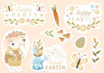 Easter sticker kit with cute bunny, spring flowers, colored eggs, congratulatory quotes. Vector illustration in children's style. Cute sticker set and design elements. Perfect for scrapbooking, card