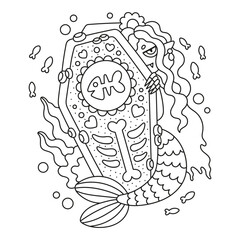 Cute vampire mermaid with coffin. Funny gothic sea monster. Fantasy creature. Coloring page for kids. Cartoon vector illustration. Isolated on white. Outlined hand drawn artwork. Black and white