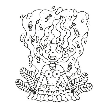 Mermaid girl and dead water. Dark fantasy underwater creature. Sea monster zombie. Funny coloring page for adults. Cartoon vector illustration. Isolated on white. Outlined drawing. Black lined