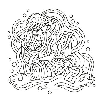 Beautiful young mermaid wearing slavic crown with ribbons. Sad sea princess. Fairy tale character. Fantasy creature. Cute coloring page for kids and adults. Cartoon vector illustration. Isolated