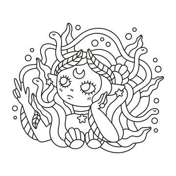 Adorable little mermaid. Cute sea princess with tiara. Mythology fantasy underwater creature. Ocean fish and nature. Funny coloring page for kids. Cartoon vector illustration. Isolated on white