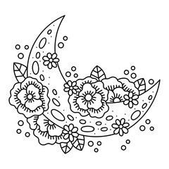 Crescent moon with flowers. Beautiful summer nature. Cute floral drawing. Coloring page for kids and adults. Cartoon vector illustration. Outlined hand drawn artwork. Isolated on white. Black lines