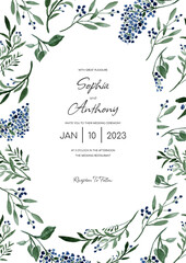 Rustic wedding invitation with watercolor field blue flowers and leaves. Vector template