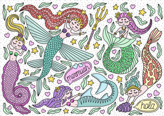 Set of different mermaids. Cute drawing characters. Hand-drawn childish doodle. Vector illustration
