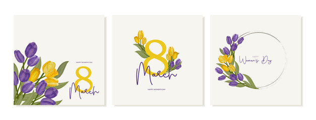 Fototapeta na wymiar Set of square banners, posts for international women's day with yellow and purple watercolor tulips for social media. Vector