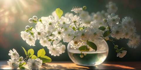Bouquet of White Cherry Blossom in the Morning Sunlight