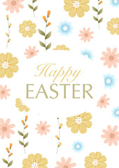 Easter postcard templates with spring flowers, green flowering leaves and typographic design. Good for Spring and Easter greeting cards and invitations. Vector illustration