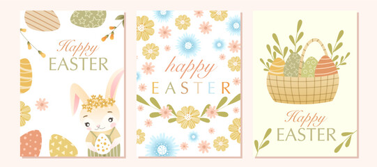 Fototapeta na wymiar Easter postcard set with cute rabbit character, colored eggs, flowers, green leaves and quotes. Good for Spring and Easter greeting cards, posters, children's design and banners. Vector illustration