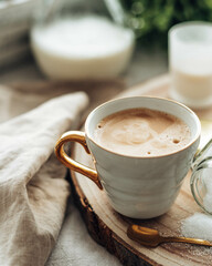 Taza de café con leche sobre tabla de madera.