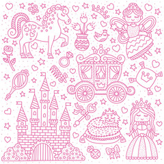 Fototapeta na wymiar Little princess fairy tale. Set of outline elements. Princess, fairy, castle, pony. Cartoon vector illustration for kids