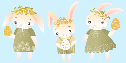 Easter bunnies characters set. Vector illustration of cute bunnies in different poses, green dresses and wreaths of spring flowers. Good for Spring and Easter greeting cards, product for children.