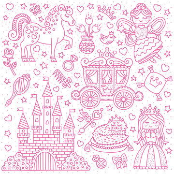 Little princess fairy tale. Set of outline elements. Princess, fairy, castle, pony. Cartoon vector illustration for kids