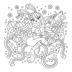 Cute happy bunny girl sitting on the moon. Paper lantern. hare, moon, flowers. Asian style. Chinese new year. Coloring page for adults. Cartoon vector illustration. Isolated on white. Outlined artwork