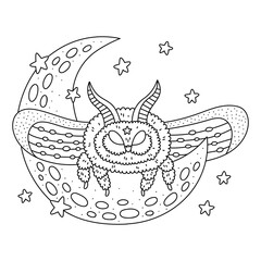 Cute night butterfly sitting on the moon. Funny fluffy moth. Adorable beautiful insect. Coloring page for kids and adults. Cartoon vector illustration. Black and white. Hand drawn style. Outlined
