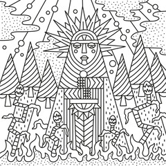 Warriors of sun. Fantasy knights. Funny fairy tale characters. Coloring page for kids and adults. Cartoon vector illustration. outlined hand drawn artwork. Black and white colors. Isolated
