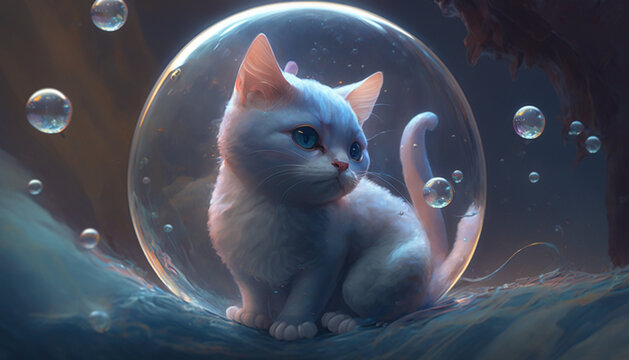 Cute Mew riding large blue bub generative AI	