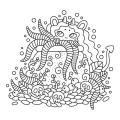 Adorable little mouse devil girl. Funny mise with pot of worms. Decorated with skulls, seeds. Farm animal. Coloring page for kids. Cartoon vector illustration. Outlined hand drawn artwork. Isolated