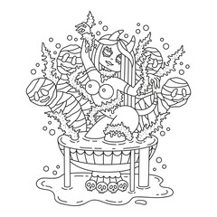 Goddess of pain. Attractive devil woman. Lovely girl with mummy. Mysterious dark fantasy monster. Coloring page for adults. Cartoon vector illustration. Isolated on white. Outlined drawing