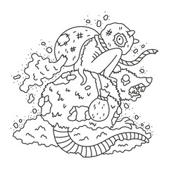Little dust demon riding giant zombie rat. Scary devil with animal. Coloring page. Cartoon vector illustration. Isolated on white. Outlined hand drawn artwork. Black and white colors