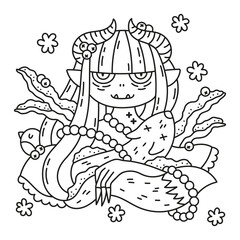Fototapeta premium Little devil girl with horns. Young demon. Fairy tale creature. Winter trees and clothes. Cute coloring page for kids. Funny cartoon vector illustration. Outlined artwork. Black lines. Isolated