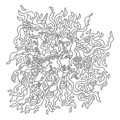 Demon horse with two heads in fire. Spirit of death. Burning devil animal. Gothic fantasy creature. Coloring page for adult. Cartoon vector illustration. Isolated on white. Outlined artwork. Clipart