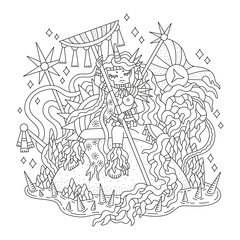 Beautiful centaur girl. Godess of sun. Fantasy creature. Sunset knight. Woman with horse body. Detailed coloring page for adult. Cartoon vector illustration. Outlined artwork. Isolated on white