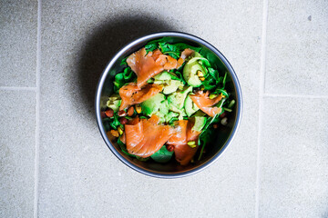 Salmon Avocado Salad. Healthy Keto Lunch. Top View.