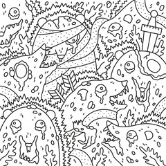 Zombie hedgehog. Alive evil dead animals. Scary monsters. Cartoon vector illustration. Coloring page. Outlined hand drawn artwork. Black and white colors. Clipart