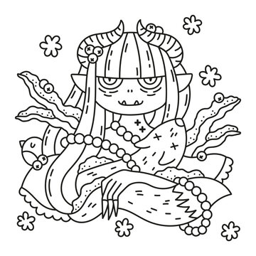 Little devil girl with horns. Young demon. Fairy tale creature. Winter trees and clothes. Cute coloring page for kids. Funny cartoon vector illustration. Outlined artwork. Black lines. Isolated