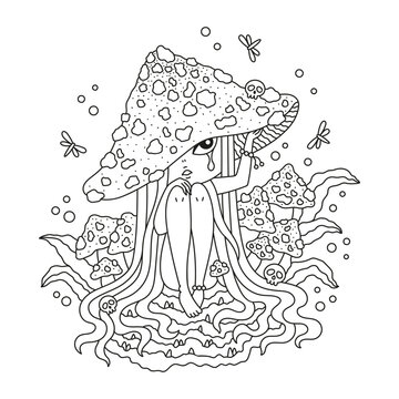 Little cute mushroom girl. Sad fairy amanita creature. Crying fungus character. Magical forest nature. Funny coloring page for kids. Cartoon vector illustration. Black and white colors. Outlined 