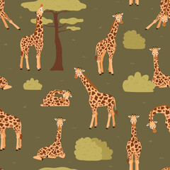 Summer seamless pattern design with exotic giraffes flat vector illustration.