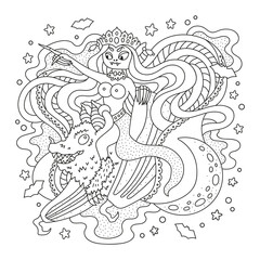 Vampire queen riding giant bat. Halloween night. Cute monster girl. Coloring page for adults. Cartoon vector illustration. Black lines. Isolated on white. Outlined hand drawn artwork. Clipart