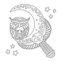 Owl sitting on the magical witchy wand with crescent moon, skull and wings. Night animal. Mysterious fantasy art. Coloring page. Hand drawn cartoon vector illustration. Black and white. Isolated