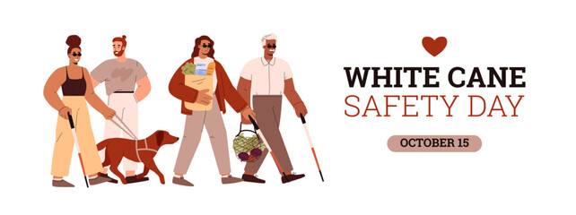 White cane safety day banner or poster with blind people, vector illustration.