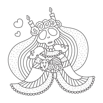 Cute zombie bride wearing dress and veil. Flower wreath, candles, rats. Funny halloween monster. Fantasy creature. Coloring page. Cartoon vector illustration. Isolated on white. Outlined drawing
