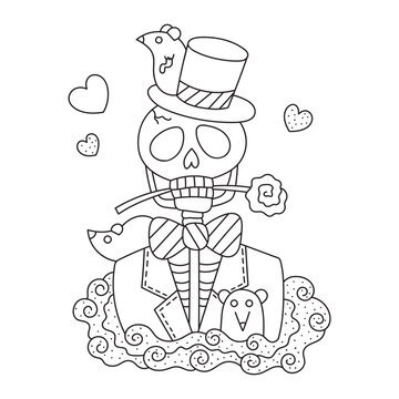 Funny skeleton groom. Dead gentleman wearing tuxedo and hat. Rose flower, rat. Halloween monster. Coloring page. Cartoon vector illustration. Hand drawn style. Isolated on white. Outlined artwork