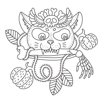 Evil demon cat with skeleton arm. Halloween monster with pumpkin. Coloring page. Funny cartoon vector illustration. Black and white colors. Outlined hand drawn artwork. Isolated drawing
