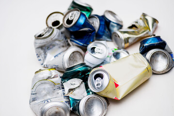 Pile of Used cans. Waste sorting and waste processing. Recyclable materials.