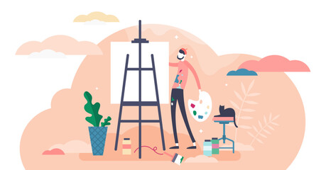 Drawing or painting concept, flat tiny person illustration, transparent background. Stylized artists workshop activity. Abstract creative process and inspiration scene.