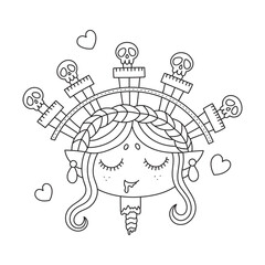 Head of dead girl, decorated with daggers. Scary gothic portrait. Coloring page. Funny cartoon vector illustration. Black and white colors. Outlined drawing. Hand drawn style. Isolated. Clipart
