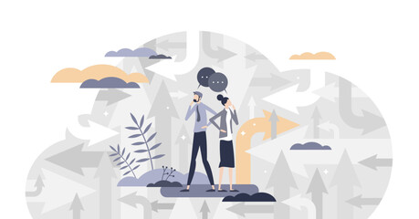 Finding your way as path direction arrows and confused couple tiny person concept, transparent background. Different solutions to life questions illustration.