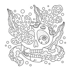 Skull with eye. Surrounded with tentacles, seaweeds, corals. Underwater sea nature. Coloring page. Funny cartoon vector illustration. Black and white colors. Outlined hand drawn artwork. Isolated