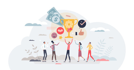 Giving kudos and team congratulation cheer as feedback tiny person concept, transparent background. Business celebration with compliments and ovation from partners illustration.