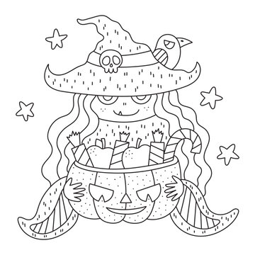 Cute little witch girl. Halloween character with pumpkin full of sweets. Funny coloring page for kids. Cartoon vector illustration. Outlined hand drawn artwork. Black and white colors. Isolated