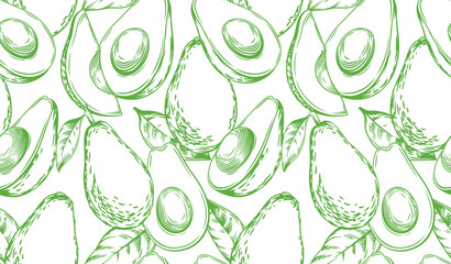 Seamless pattern with avocado. Healthy vegan food. Vector monochrome hand drawn illustration.