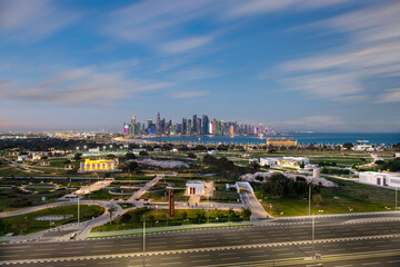 Fototapeta na wymiar Beautiful Aerial view of Doha Skyline. Doha Corniche view from Bidda Park