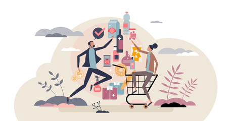 Fototapeta na wymiar Consumer goods and products purchase in trade supermarket tiny person concept, transparent background. Shopping expenses for buyer with full cart illustration.