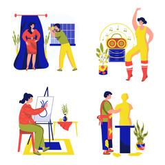 Set concept People do their favorite hobby with people scene in the flat cartoon style. People are engaged in things that bring them pleasure.